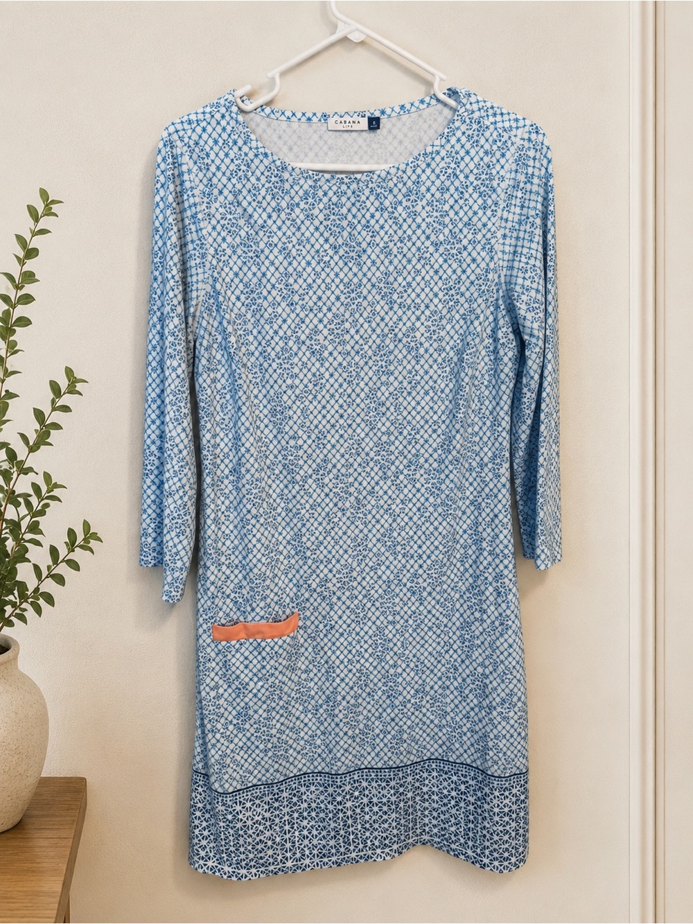 Cabana Life Sky Blue Printed Shift Dress with Coral Pocket Trim